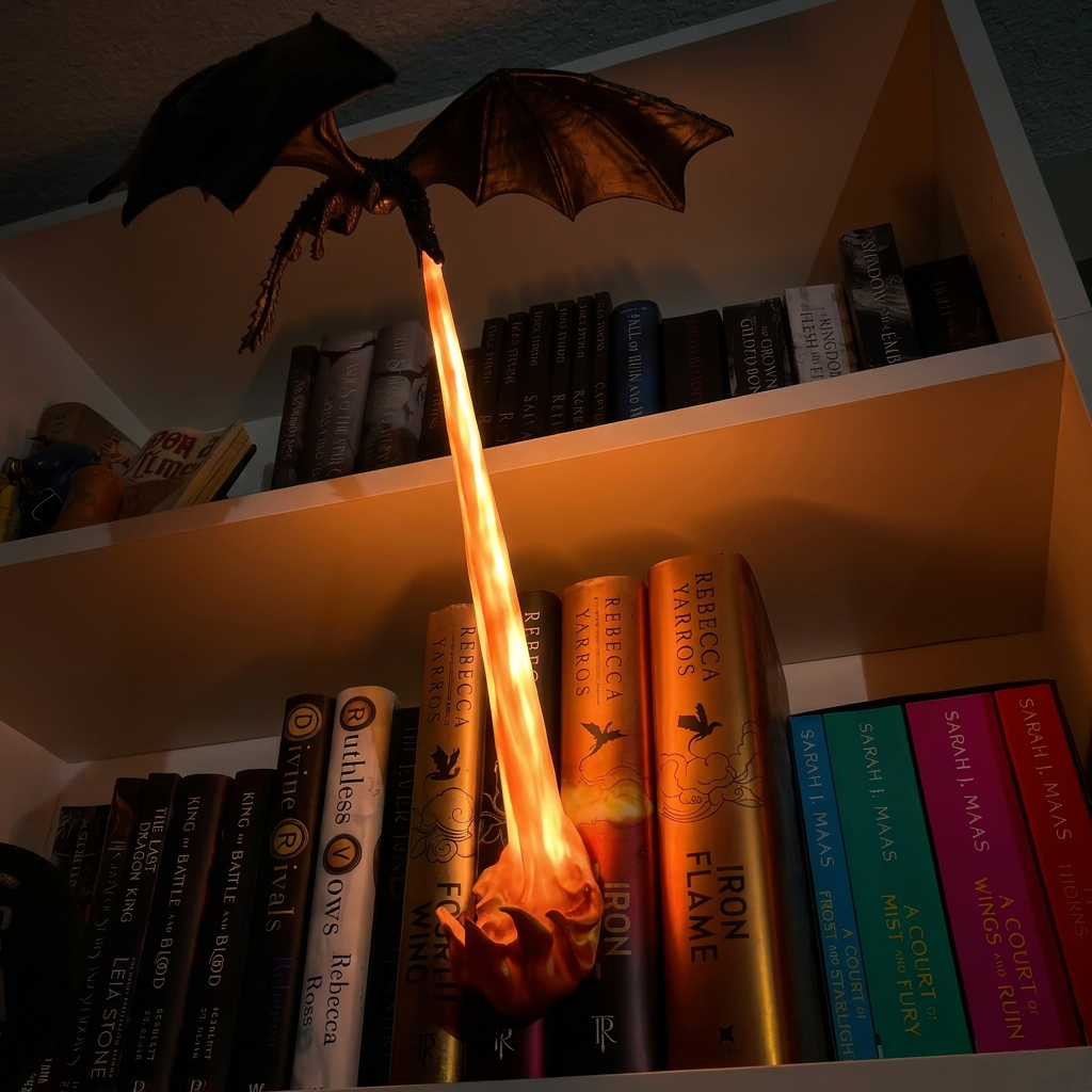 Velore Dragon Drachen-Wächter auf dem Bücherregal, Flammenfarbe Orange